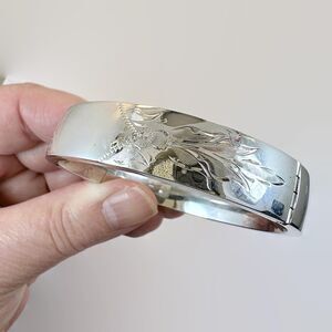 Sterling Silver Bangle, Etched, Bracelet, Vintage, Hinged, Victorian Revival